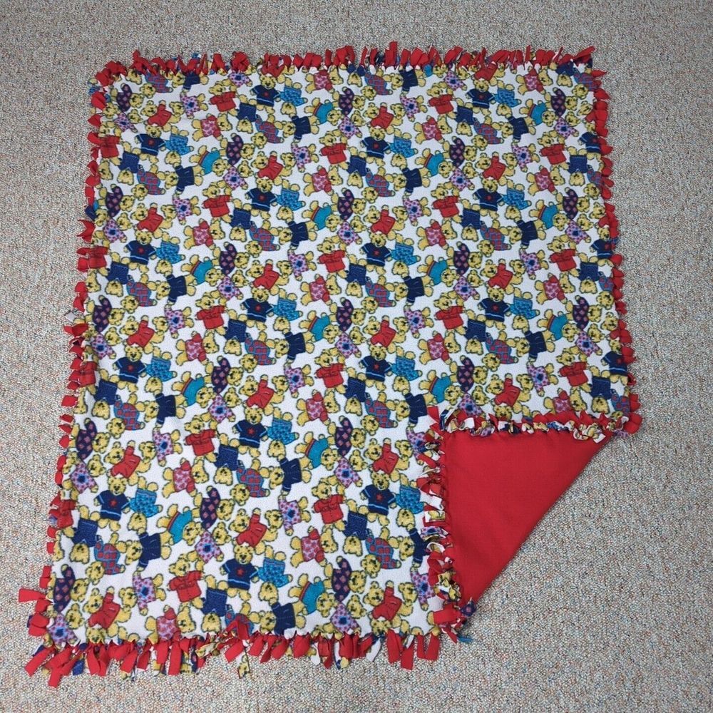 Fleece Tie Knot Throw Blanket 2 Sided 45" X 52" Red Teddy Bear‎ Pattern Handmade